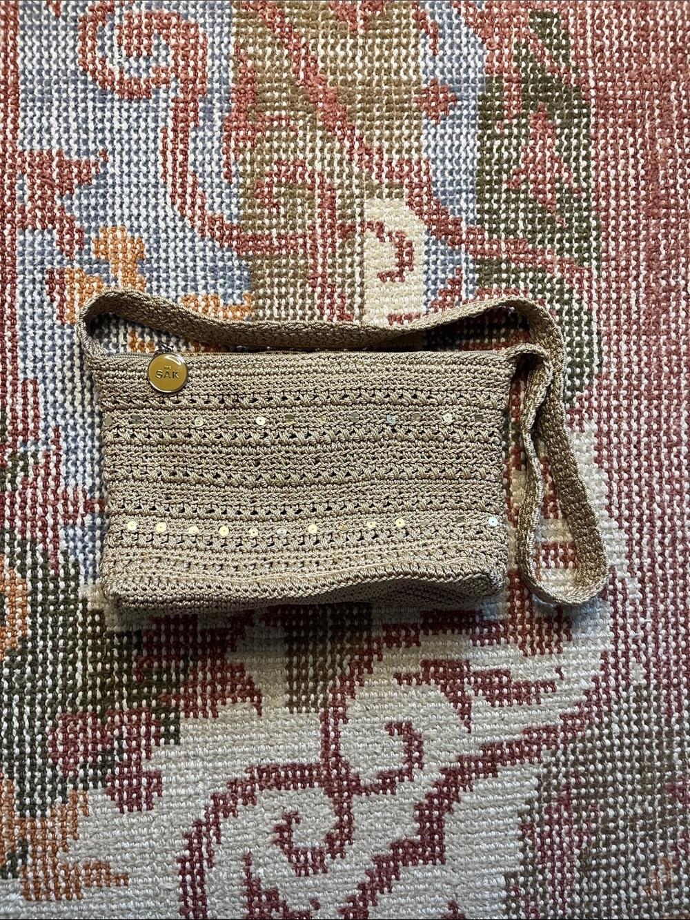 The Sak Beige Crochet Shoulder Bag Beaded Sequin Boho Purse EUC